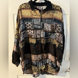 VTG Tribal Boho Velvet Collar Button Up Blouse High Lo Style 90’s Oversized Plus